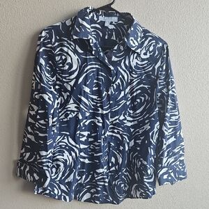 Foxcroft Navy and White Swirl Button-Down Shirt